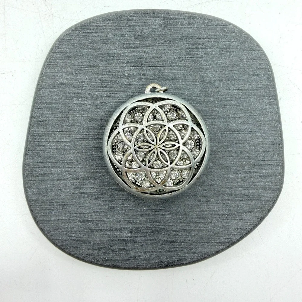 Silver Tone Rhinestone Flower of Life Pendant Sacred Geometry Statement Gift